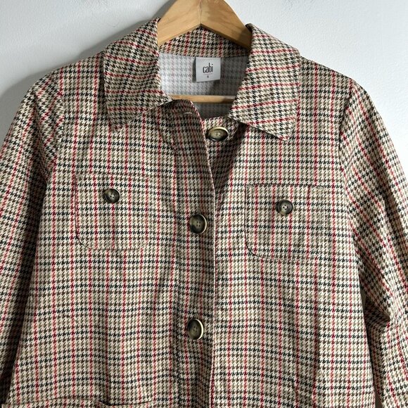 CAbi Jacket Small Red Sherlock Houndstooth Plaid Button Front Chore Coat Pockets - Picture 3 of 13